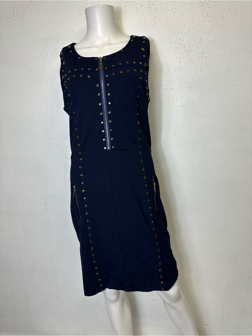 Max Mara Womens Gold Studded Sheath Dress Sleeveless Navy Blue Large